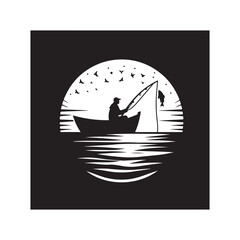 Fisherman on boat with sunrise background vector silhouette outline logo design concept illustration