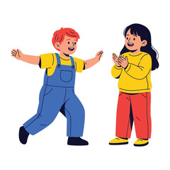 Joyful Playmates: Two cheerful children engaging in playful activity. A little boy with arms outstretched, running and smiling. A little girl clapping with joy.