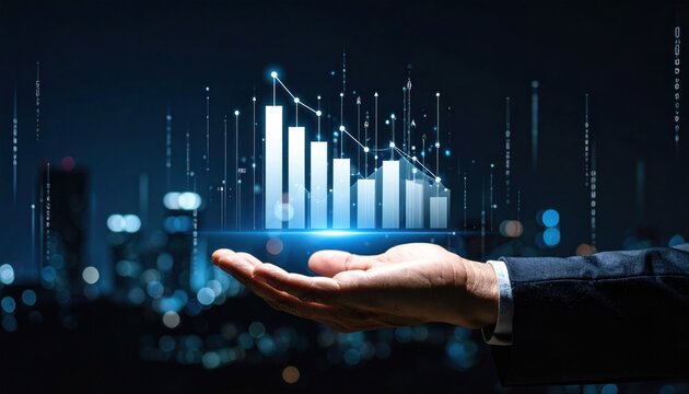 Hand Presenting Holographic Data Chart Interface With Blurred Cityscape Background