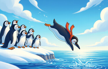 勇気ある一歩：群れをリードするファーストペンギンのイラスト