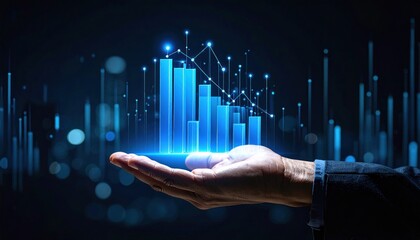 Human Hand Holding Neon Blue Holographic 3D Stock Bar Graph Against Dark Background