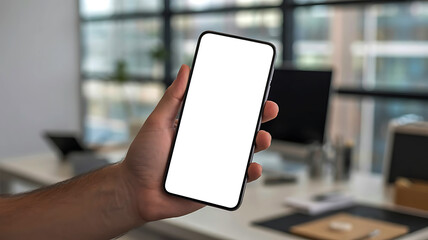 Modern smartphone with blank screen held in hand indoors office environment for app promotion or website display