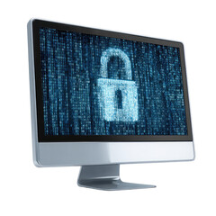 Computer screen with padlock and binary code