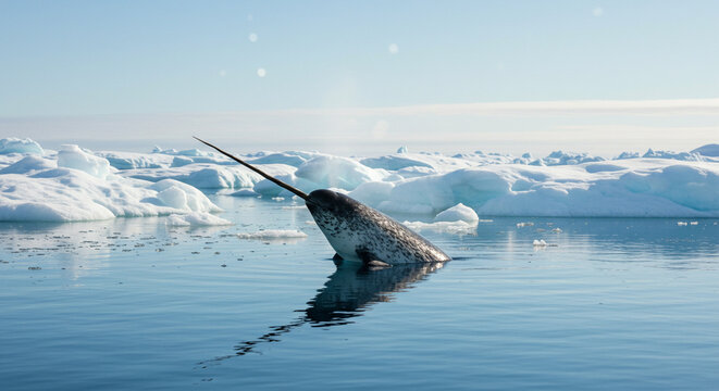A majestic narwhal breaches the water's , showcasing its distinctive tusk against a backdrop of icy formations and a serene, pale blue sky, creating a stunning spectacle.