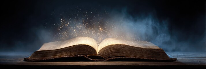 Open antique book emitting magical golden light and smoke