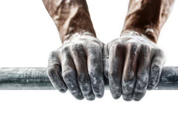 Strong hands gripping the bar intensely covered in chalk for maximum grip and performance on transparent background