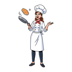 Naklejka premium Chef's Culinary Show: An illustration of a female chef, skillfully tossing a pancake high in the air, celebrating the artistry and joy of food preparation.