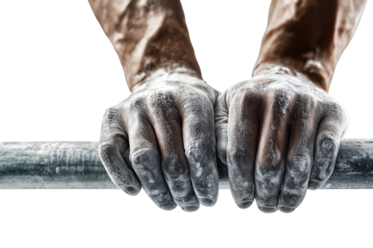 Strong hands gripping the bar intensely covered in chalk for maximum grip and performance on transparent background
