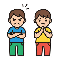 Angry and Apologetic: A split frame highlights two figures each embodying distinct emotions: anger and apology, illustrated through simplistic design. 