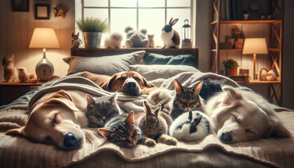 Cozy bedroom of sleeping pets—dogs, cats and bunnies—snuggled under blankets, warm ambient light, hygge vibe. Copy space for pet care, insurance, adoption, ads.