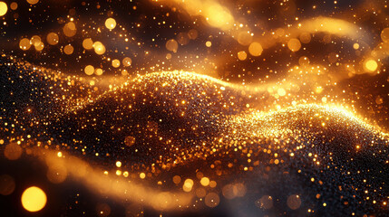 A vibrant tapestry of golden Christmas particles and sprinkles shimmered, casting a warm glow on a festive backdrop of shiny golden lights, perfect for adding a touch of magic and holiday cheer 