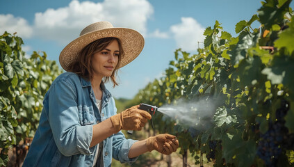 Vineyard woman farmer with a gentle smile and worn hands, her sun-kissed skin a warm brown from days spent outdoors, spraying grapevines with a fungicide or pesticide to protect growth and harvest 