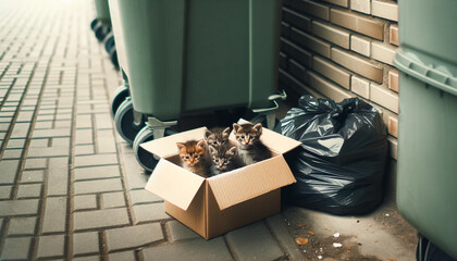 Abandoned kittens in a cardboard box by a dumpster in rainy alley; cinematic low light, emotional storytelling, copy space. Ideal hero for animal rescue, adoption, NGO fundraising campaign awareness.