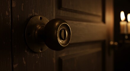 Obraz premium Closeup of a dark wooden door with an old tarnished doorknob Candles are dimly visible in the background