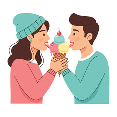 Sweet Moments: A shared ice cream cone, brimming with vibrant flavors, binds two figures in a sweet and playful moment of connection.