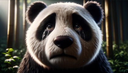 Obraz premium Close-up of a crying giant panda in bamboo forest, golden hour; shallow DOF, soft bokeh, copy space. Premium conservation hero image for charity ads, posters, editorial.