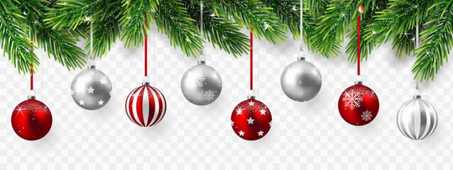 Border with green fir branches, stars, balls isolated on transparent background.	