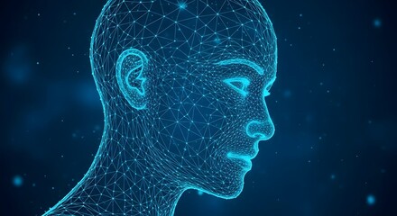 A detailed wireframe of a human head in profile, composed of glowing blue digital connections, symbolizing artificial intelligence and the future of human consciousness