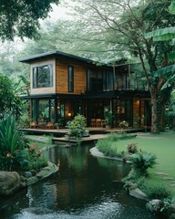 wooden house with black metal accents, surrounded by lush greenery. The home features modern design elements like large windows for natural light and indoor-outdoor living spaces.