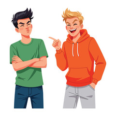 Animated Youthful Moment: Two young men share a lighthearted moment. One gestures with a playful smirk, while the other wears an expression of amusement.