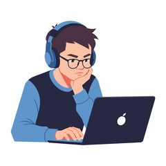 Focused Learner: A young individual, engrossed in the learning process, with headphones on and eyes fixed on the screen of the portable laptop, displaying determination.