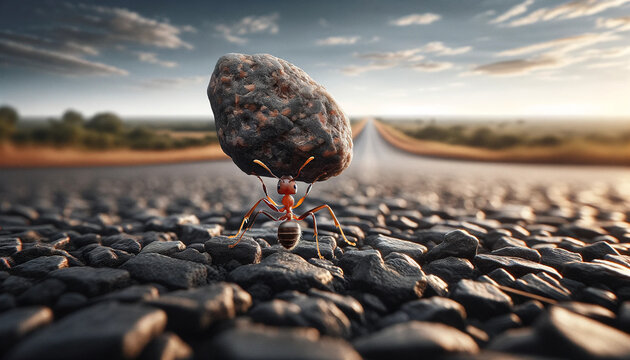 Macro of an ant carrying a heavy stone on an asphalt road; shallow depth of field, golden-hour rim light, clean negative space. Motivation, resilience, success, business. Concept.