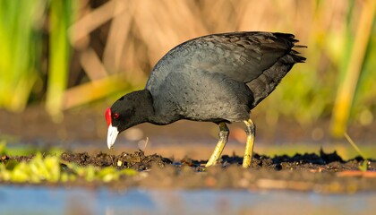 A moorhen foraging in the mud.