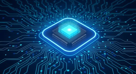Closeup of a glowing blue computer processor chip on a circuit board, representing advanced technology, digital innovation, and data processing