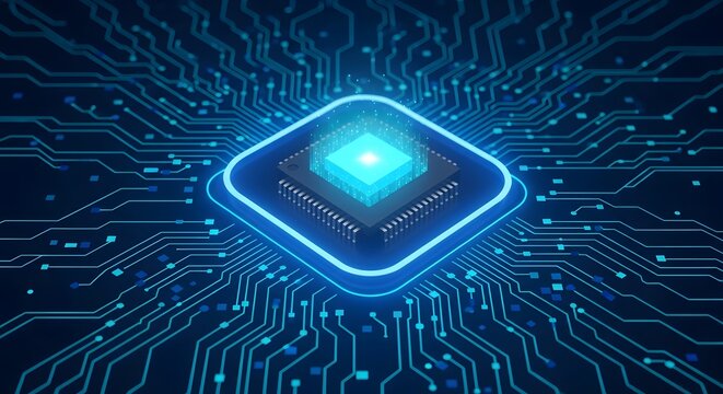 Closeup of a glowing blue computer processor chip on a circuit board, representing advanced technology, digital innovation, and data processing - Powered by Adobe