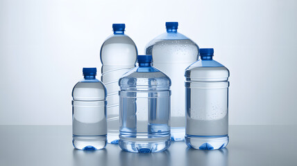 Naklejka premium Different Shapes of Transparent Plastic Water Bottles with Blue Caps on White Background