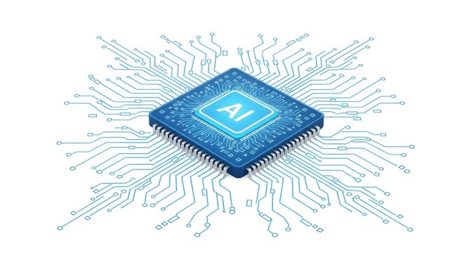 A blue ai processor chip with glowing ai text, surrounded by intricate digital circuits and pathways, isolated on white background, symbolizing the future of artificial intelligence