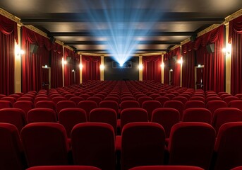 Empty Theater Auditorium with Red Seats and Projector Light