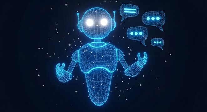 A glowing blue digital robot made of particles, with bright eyes and speech bubbles, symbolizing artificial intelligence and advanced communication technology