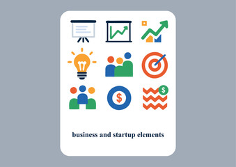 Flat Design Vector Icon Set of Business and Startup Elements – Growth, Teamwork, Idea, Finance, Target
