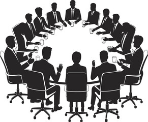 Business professionals in formal attire sitting around round table, discussing ideas, corporate meeting, teamwork, brainstorming, collaboration, strategy planning, leadership, communication, CAD flat 
