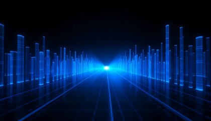 Futuristic city landscape with glowing blue skyscrapers and digital data stream concept