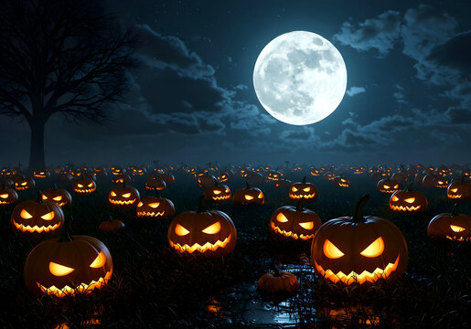 Spooky pumpkin field with glowing jack-o-lanterns under full moon | Ladang labu seram dengan jack-o-lantern menyala di bawah bulan purnama