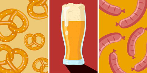 Vector flat beer festival poster. Glass with beer, pretzels, fried sausages. Trendy art for pub, bar, holiday party advertising