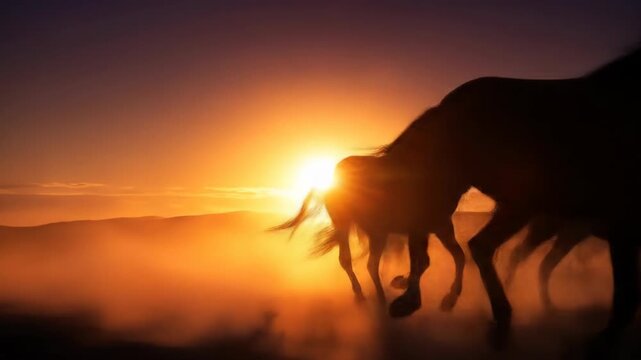 Silhouetted horses running at sunset, dust clouds