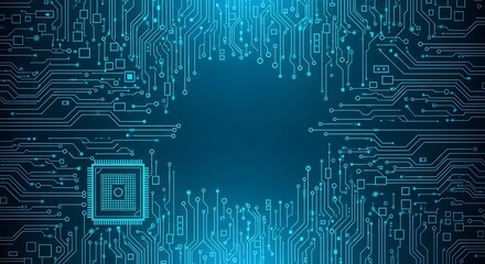 Closeup of a glowing blue circuit board with a central computer chip, illustrating advanced technology, data pathways, and digital infrastructure