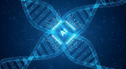 Artificial intelligence chip at the center of a glowing blue dna helix, representing the intersection of ai and biotechnology in scientific research and future healthcare