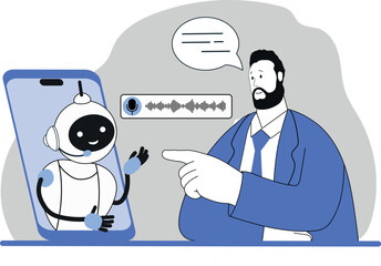 Online learning, cute cartoon robot assistant holds conference, chat bot, ai gives answers to questions. Machine intelligence helps in data processing, information analysis, artificial intelligence