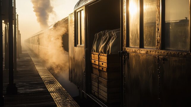 Classic train luggage compartment interior exposed with canvas bags and wooden storage inside railway car illuminated by warm golden light with atmospheric steam swirling