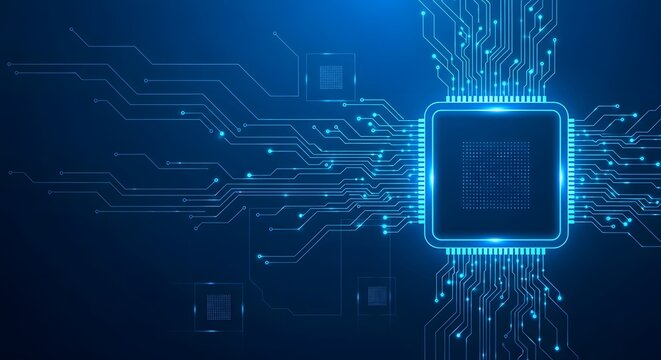 Abstract glowing blue cpu chip with circuit board lines, representing technology and digital processing