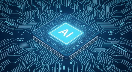 Central ai processor chip on a blue glowing circuit board, representing artificial intelligence and advanced technology in a digital network