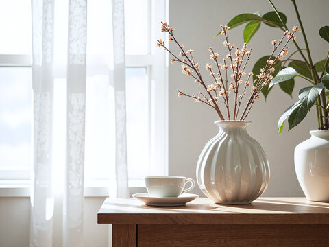 Beige ceramic vase with dried flowers, neutral-toned backdrop,Dried flowers in beige vase, warm minimal Korean tone.