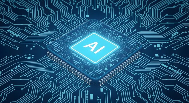 Central ai processor chip on a blue glowing circuit board, representing artificial intelligence and advanced technology in a digital network