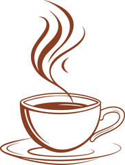 Vector art of brown line drawing of a steaming coffee cup and saucer