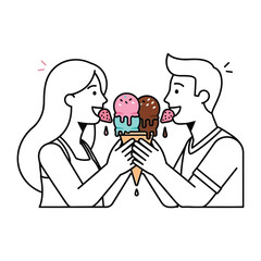 Sweet Bond: A graphic illustration showing a man and woman sharing an ice cream cone with delicious flavors, depicting sweet moment, evoking joy and simple pleasures.