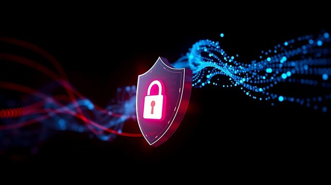 Cybersecurity Concept with Digital Shield and Glowing Padlock Protecting Data Streams
